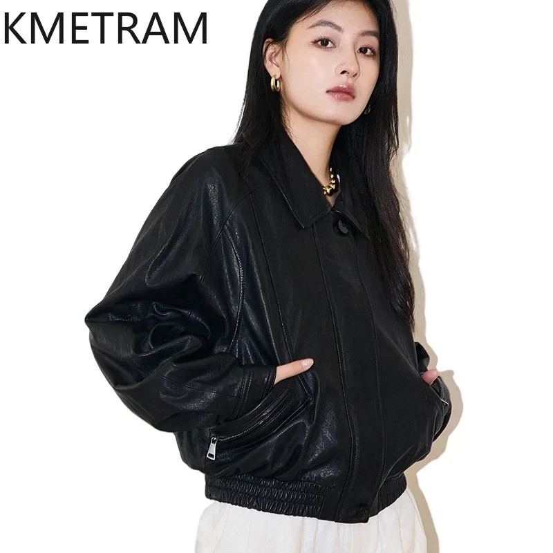 Real Sheepskin Genuine Leather Jacket Women Vintage Black Jackets 2024 High Quality Outerwears Autumn Womans Clothing дубленка