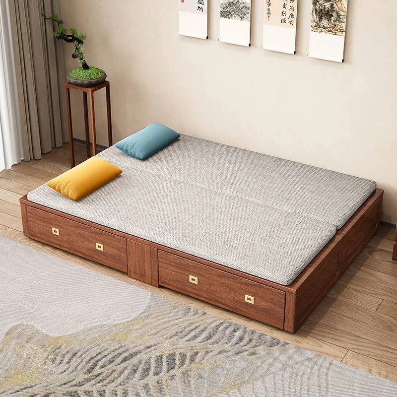 New Chinese solid wood with drawers push-pull telescopic folding sofa bed multi-functional living room small apartment dual-purp