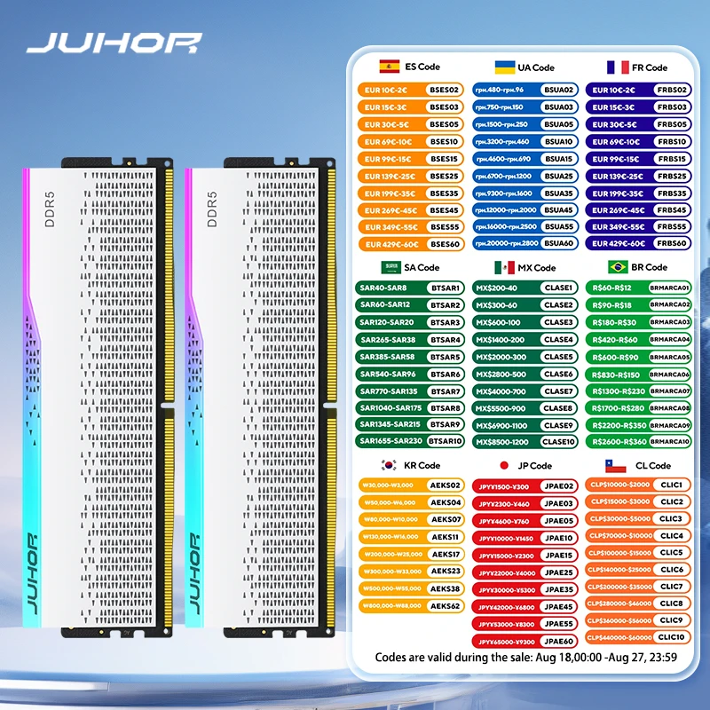JUHOR Memoria desktop RGB DDR5 16GBX2 6000MHz 5600MHz Dimm Memoria Ram ad alta velocità