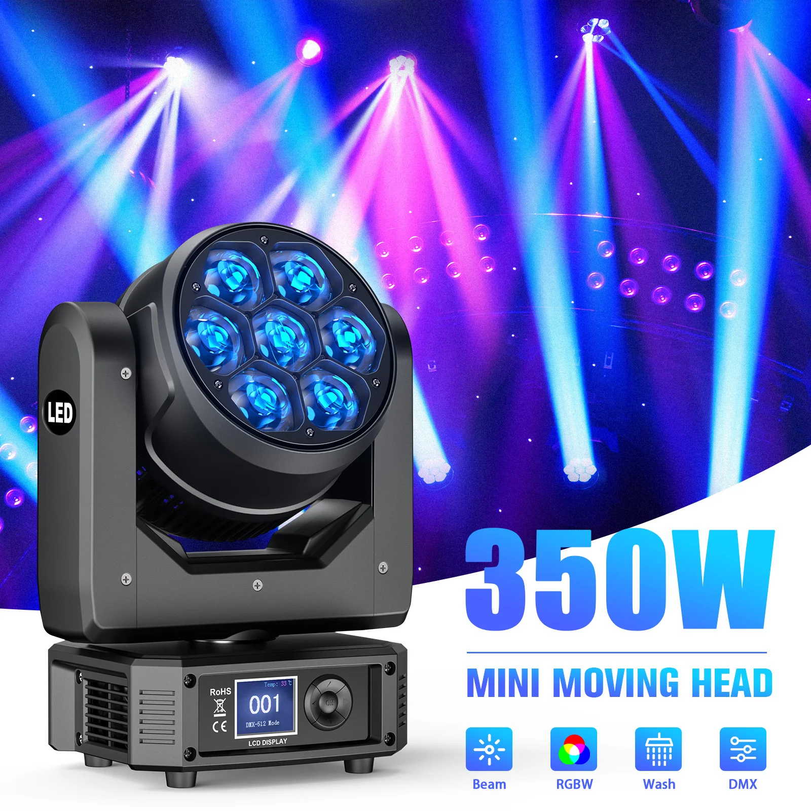 fieryzeal mini moving head iluminacao 7r beam 350w 50w leds rgbw dmx512 para disco ktv festa dj discotecas luz de palco pcs 01