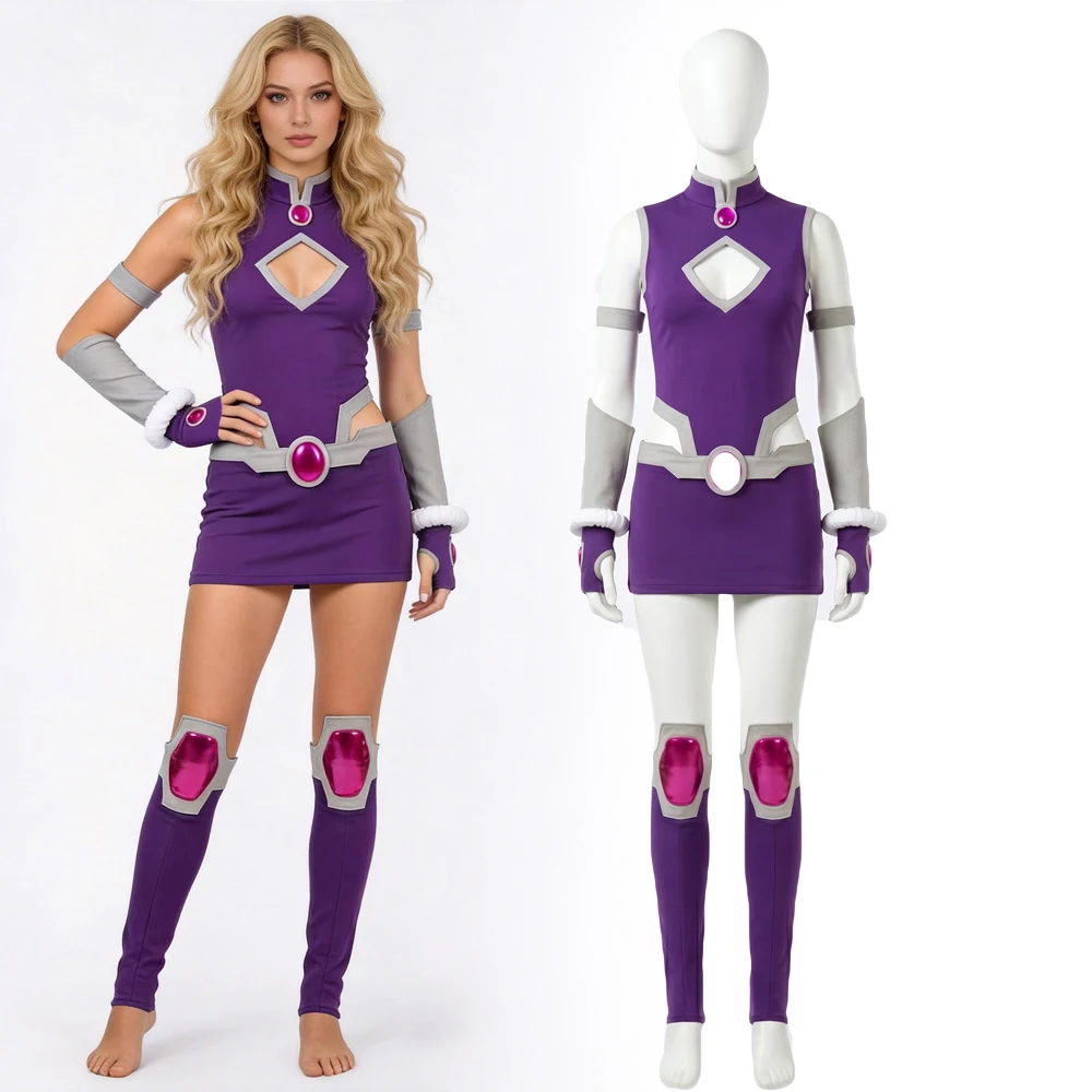 Film Koriand'r Starfire Prinzessin Cosplay Kostüm Damen Lila Kleid Bühnenauftritt Uniform Halloween Kleidung Outfit