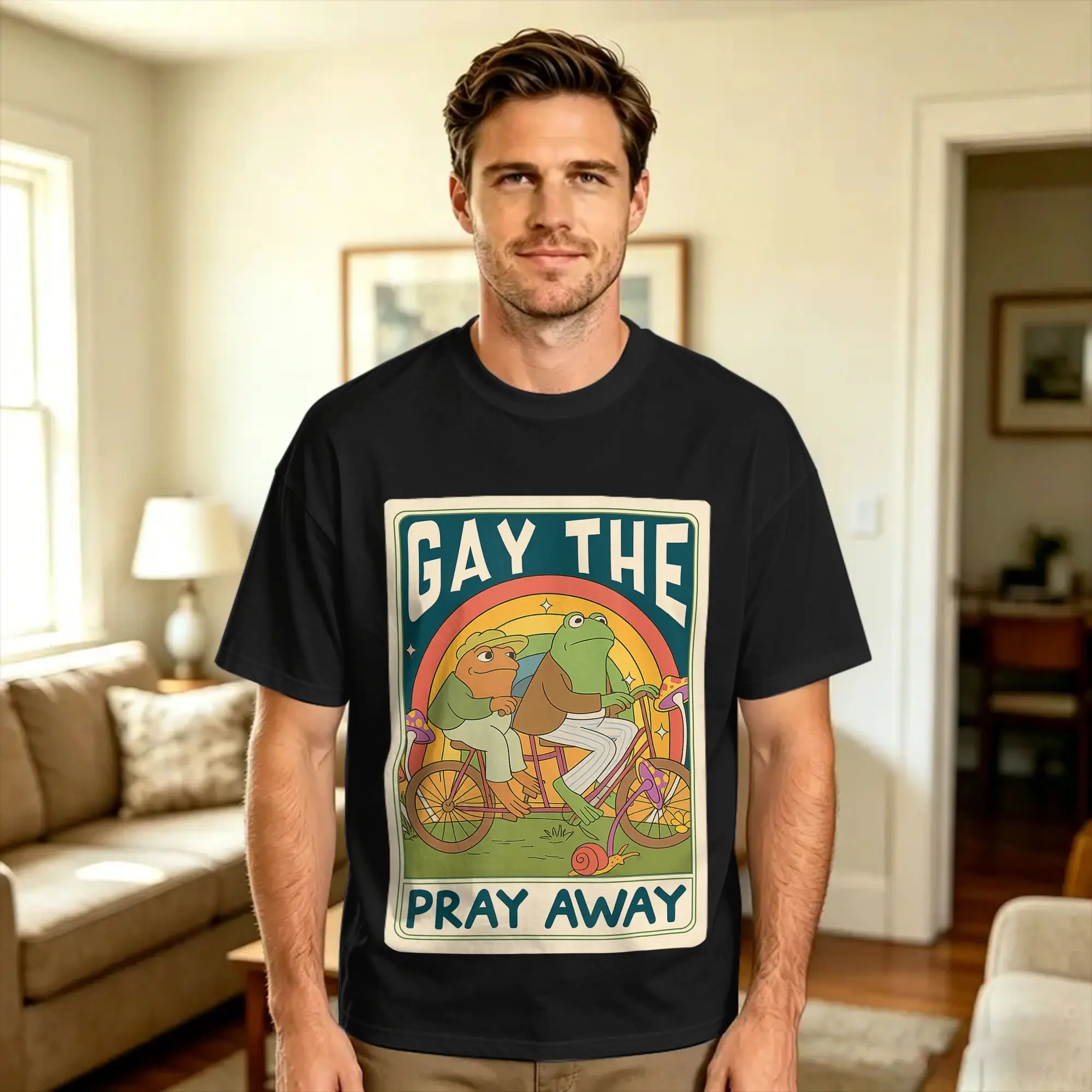Gay The Pray Away Funny Frog Retro Pride LGBTQ Rainbow T Shirt Summer  100 Cotton T-Shirts For Men Custom Tee Shirt Short Sleeve