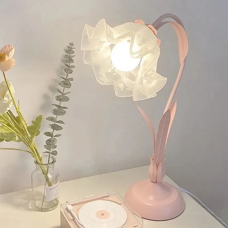 

Retro French Tulip Flower Table Lamp Metal Base Frosted Glass Shade Bedside Desk Lamp Bedroom Living Room Home Decor