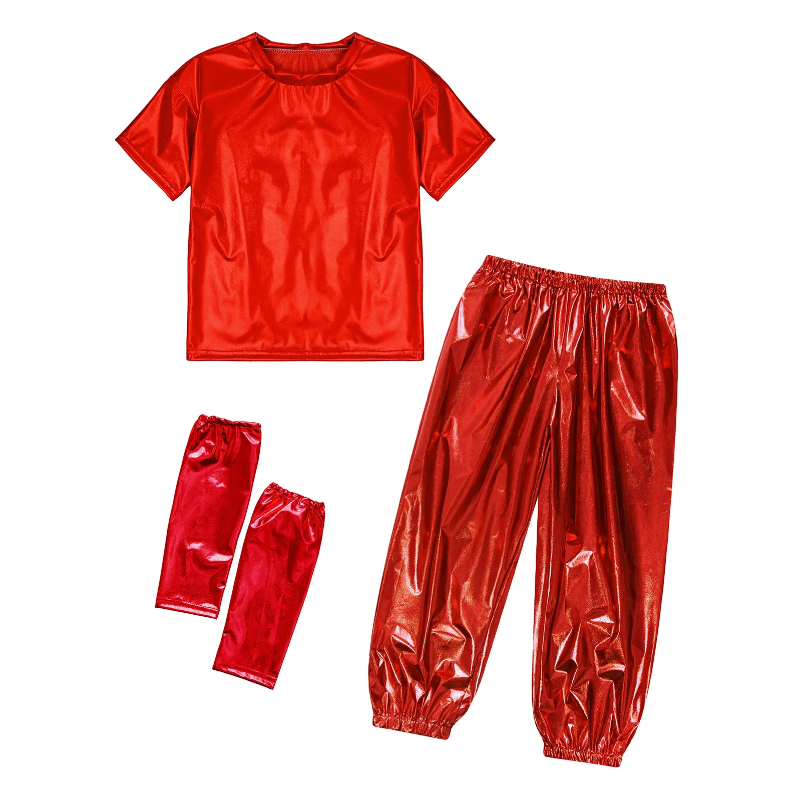 

Girls Boys Dance Outfit Party Metallic Shiny Modern Street Dance Performance Costume Short Sleeve T-shirt with Pants and Gloves