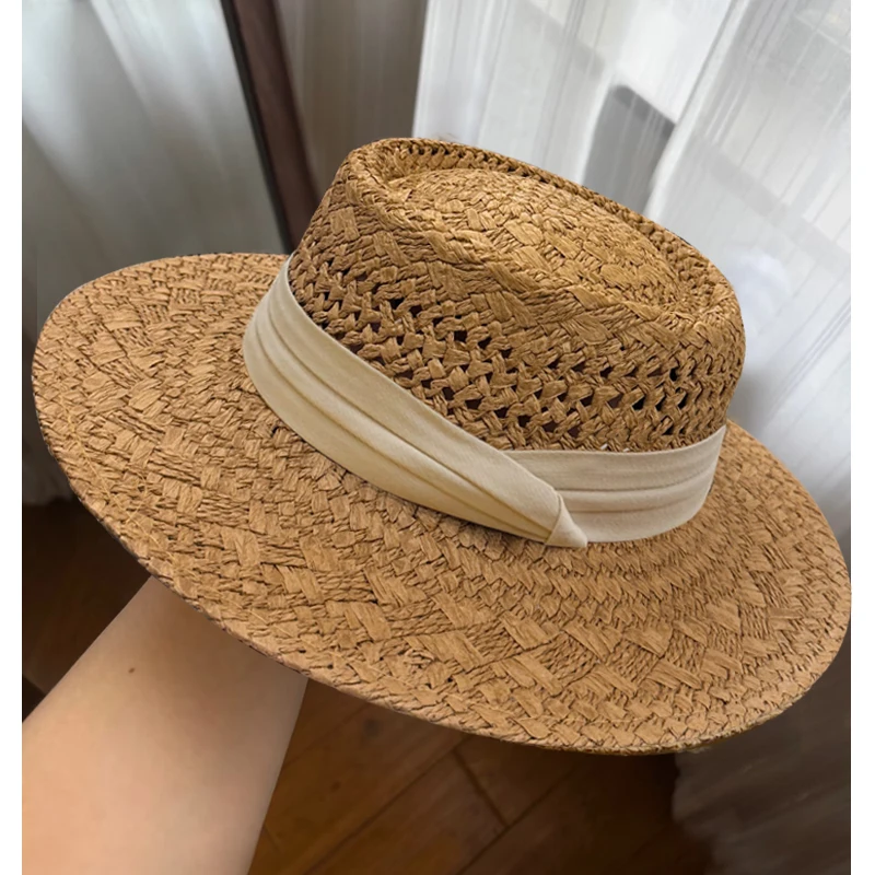 

Pure Handmade Straw Hat Women Old Money Style French Top Hat Beach Vacation Flat Top Sun Protection Hat Simple and Fashionable