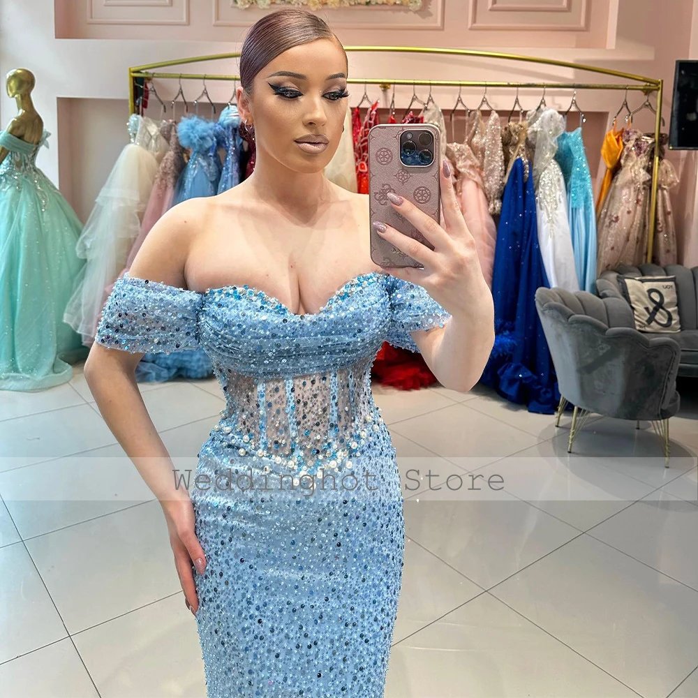 Luxury Evening Party Dresses Light Sky Blue Off the Shoulder Mermaid Evening Gowns Long Sweetheart Pearls Illusion Prom Dress