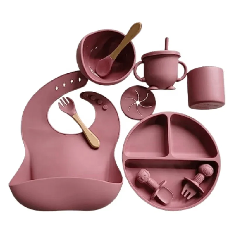 Ensemble d'alimentation pour bébé en silicone, bavoir, assiette, bols à ventouse, cuillère à soupe, Friendly Led, ustensiles de cuisine, tendance, 2024, 10 pièces