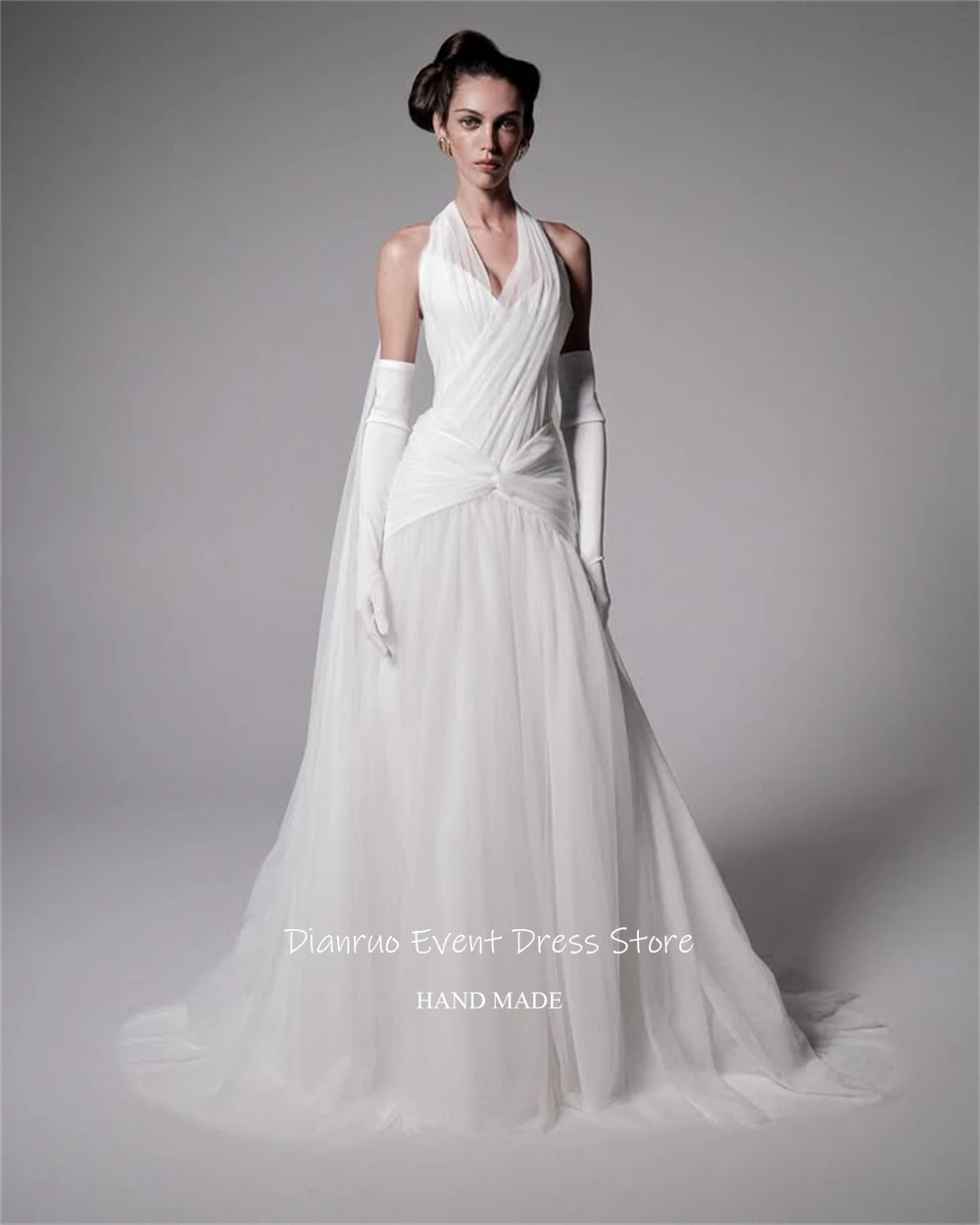 Dianruo-vestidos de noche blancos con escote Halter, vestidos de novia fluidos de corte A, vestidos de gasa con cuello en V fruncidos para mujer personalizados