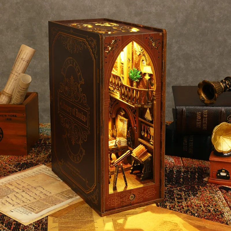 DIY Book Nook 3D Wooden Puzzle Bookend Kit For Bookshelf Decor, With Light Model Kits For Adults