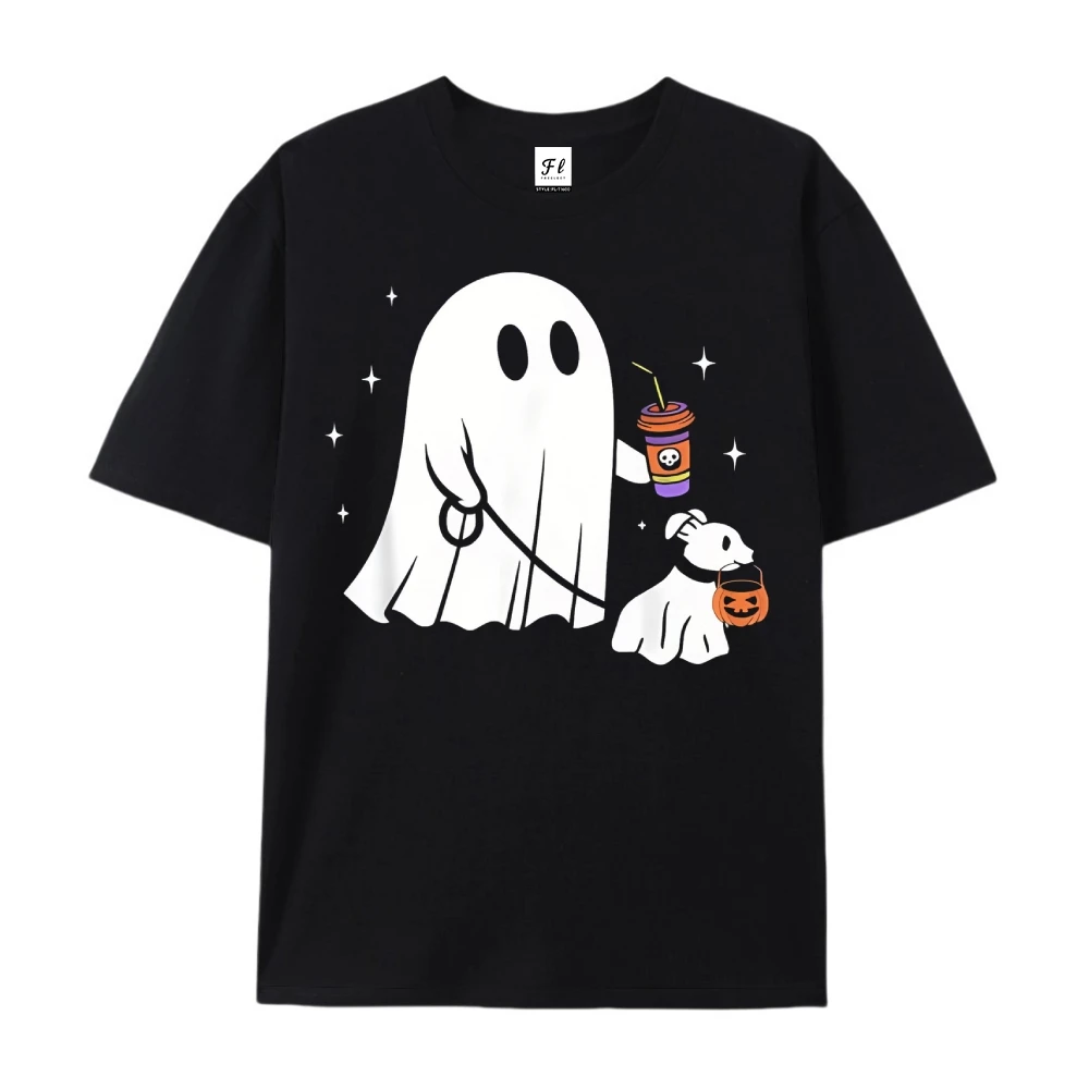 T-shirts graphiques imprimés fantôme et chien Halloween, en coton doux et respirant pour femmes, à la mode, col rond, manches courtes, haut décontracté, été