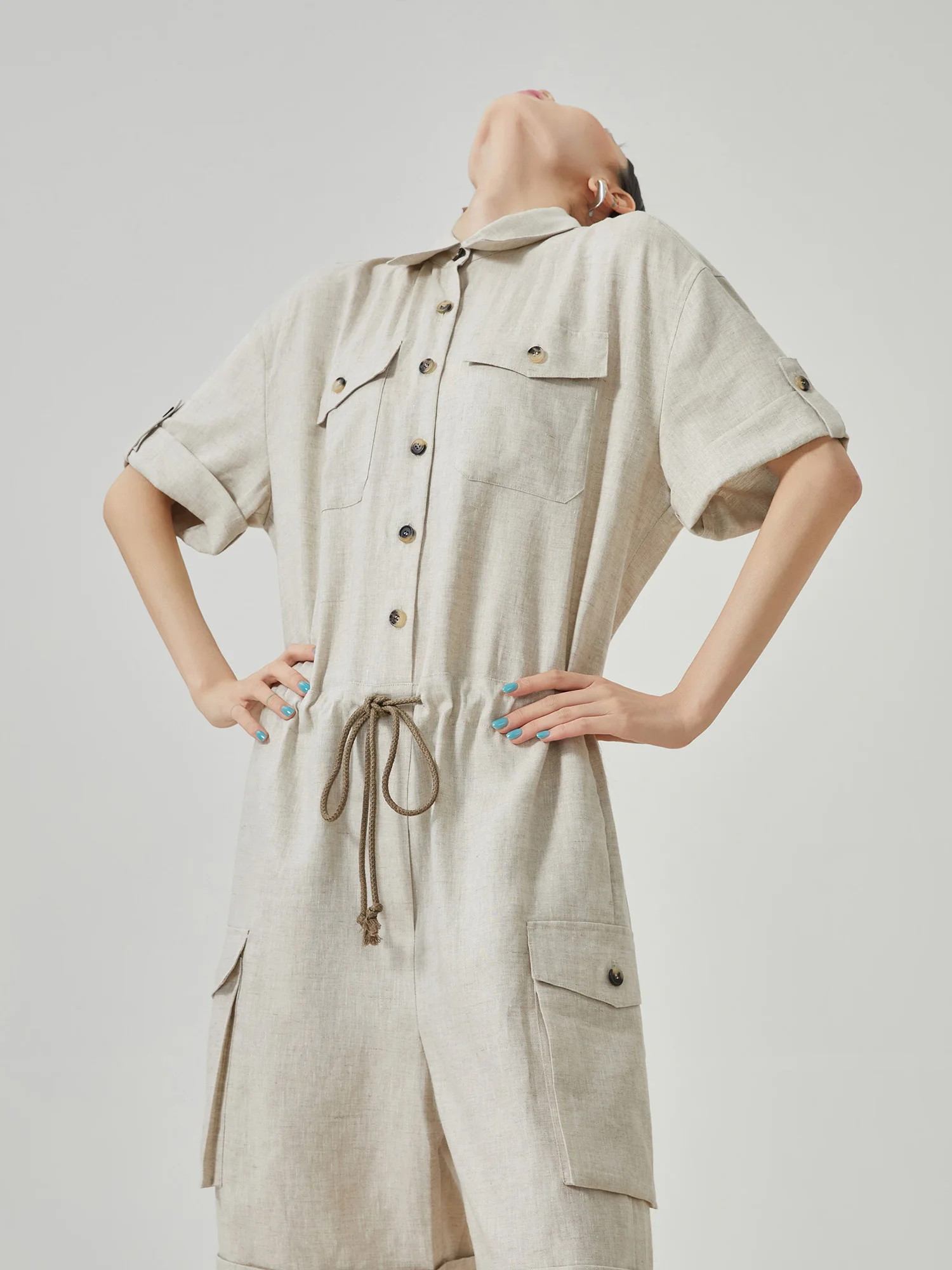 

High Waist Crop Top Overall Pants Women's High Waist Workwear Style Linen Short Sleeve Jumpsuit Summer New Arrival