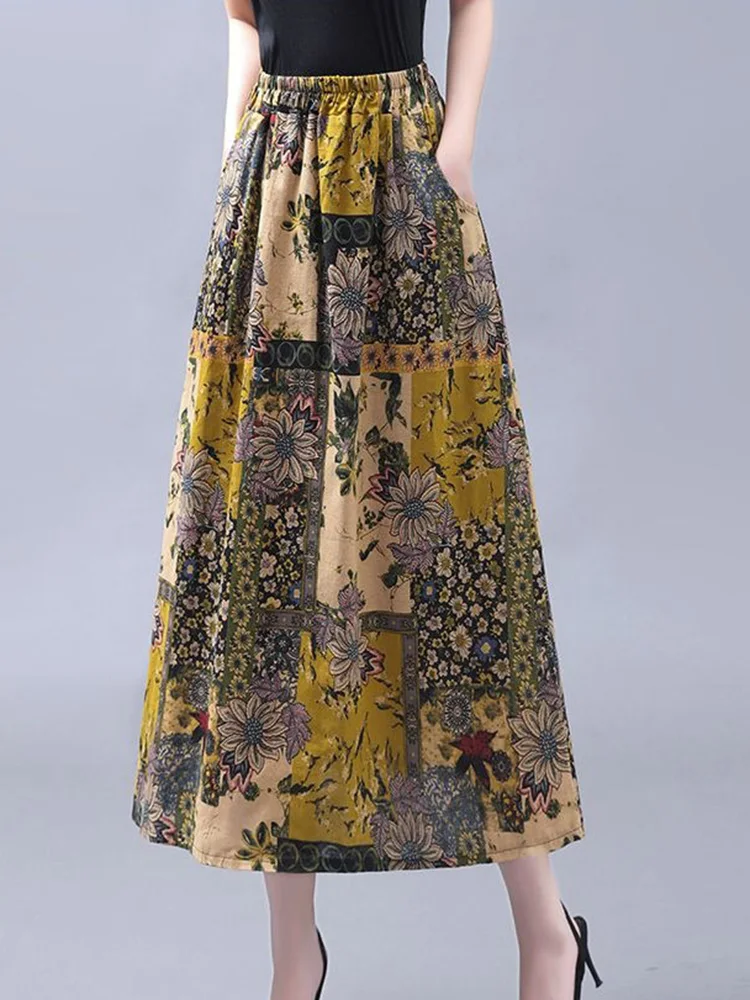 Pockets Style Elegant  High Waist Elastic A Line Boho Beach Holiday Long Skirts Cotton Floral Printed Skirts Loose