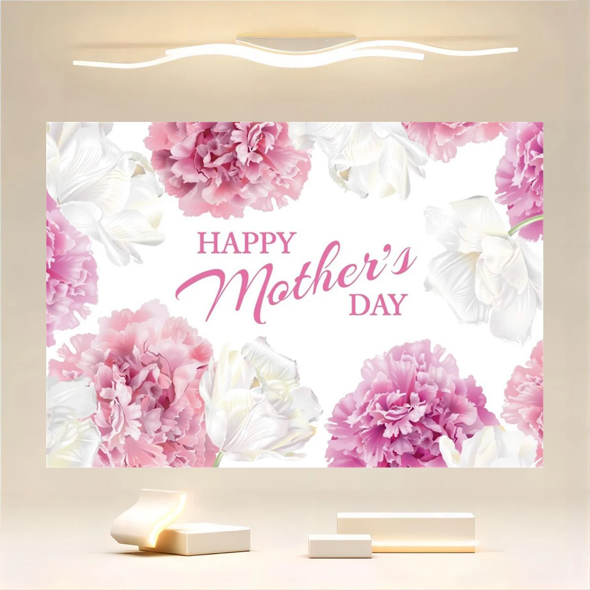 

Happy Mother's Day Elegant White Pink Flower Painting Background Gathering Photo Shooting Party Banner Wallpaper Studio Props