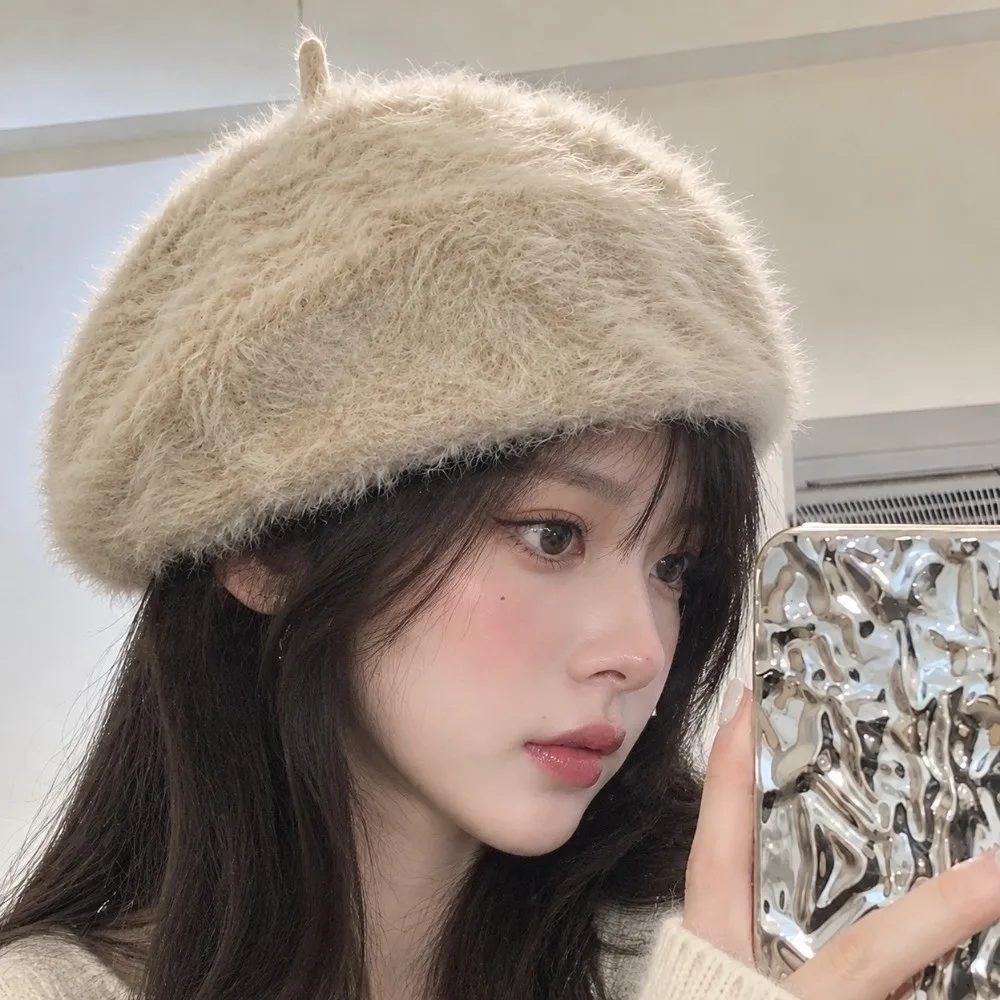 Newsboy Hat Solid Color Faux Mink Beret Furry Flat Top Pumpkin Painter Cap Warm Thermal Plush Octagonal Cap Dating
