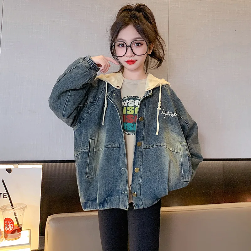 

Spring Autumn School Girl Denim Jacket Teenager Girl Contrast Hooded Casual Coats Junior Girl Retro Single-breasted Sport Coats