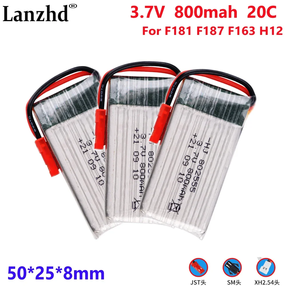 3.7V Battery 800mAh 802555 For aircraft model lithium battery F181 F187 F163 H12 aircraft belt plate Four-axis