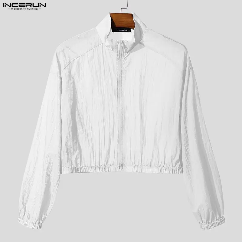 

Мужские куртки INCERUN, однотонные, с воротником-стойкой, длинным рукавом, на молнии, укороченные, уличная мода, прозрачные, сексуальные, стильные верхние одежды