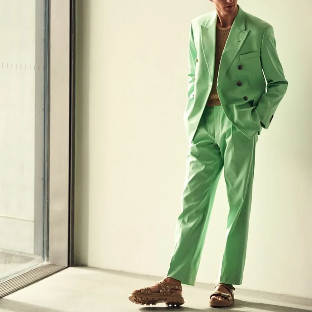 

Двубортный зеленый мужской костюм, комплект из 2 предметов, пиджак, брюки, облегающий костюм высокого качества, деловой повседневный мужской костюм