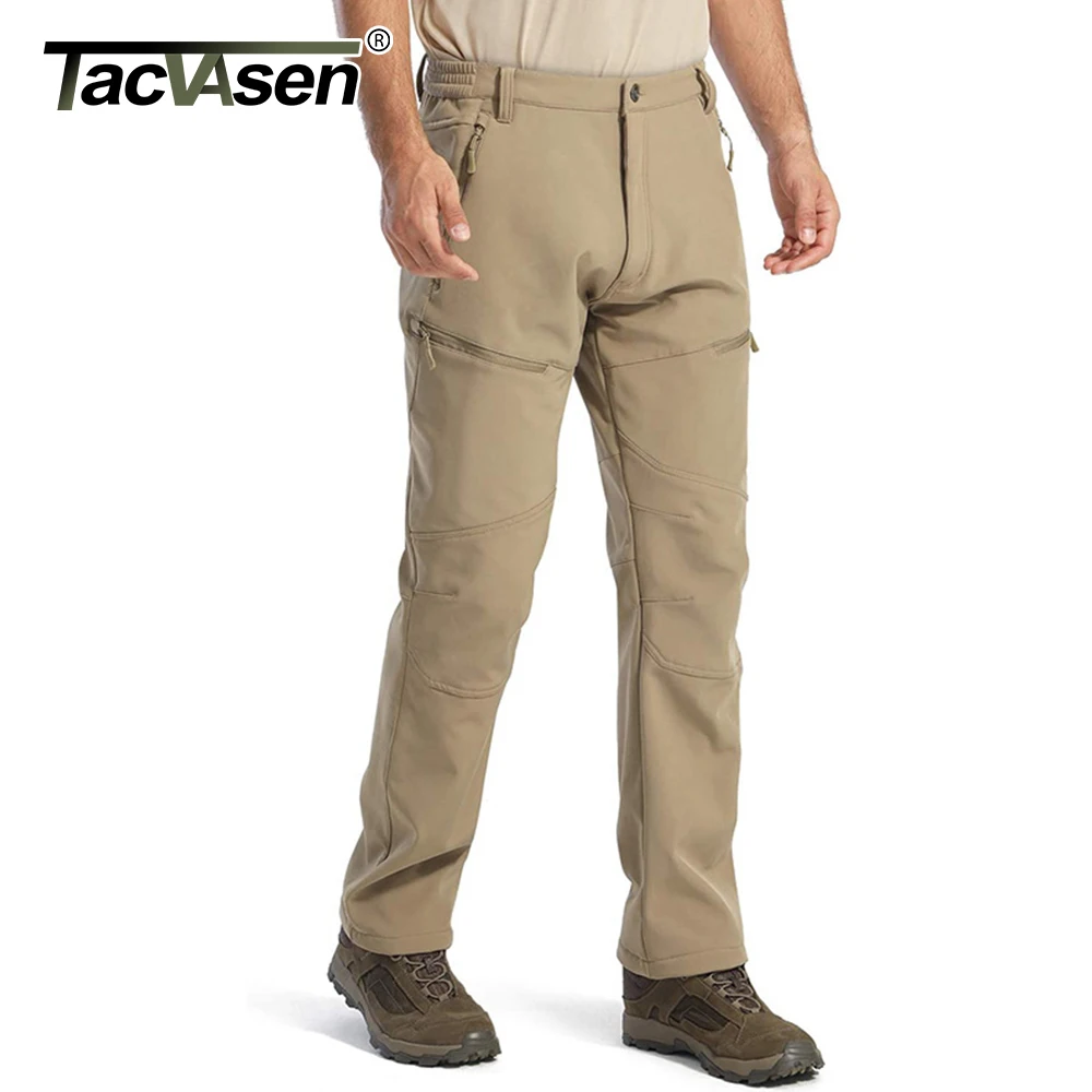 TACVASEN Men's Fleece Lined Work Cargo Pants Multiple Zipper Pockets Waterproof Soft-shell Thermal Winter Hiking Snow Ski Pants