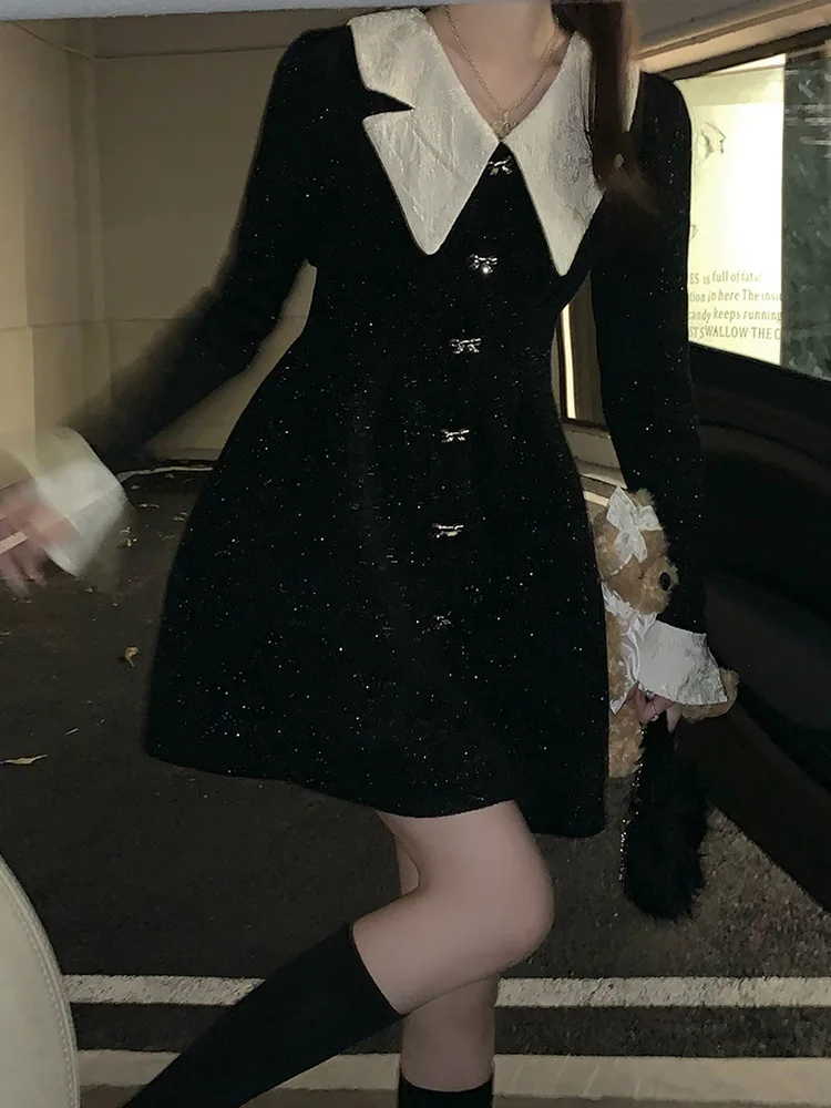 French Doll Neck Black Velvet Dress For Woman Autumn Winter Waist Tight Slim Fit Black Dress Elegant Bow Button Mini Vestidos