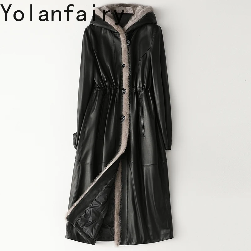 YOLANFAIRY 100% جلد الغنم الحقيقي سترة جلدية حقيقية المرأة مقنعين الشتاء طويلة أسفل السترات فرو المنك طوق معاطف منتفخة سوداء