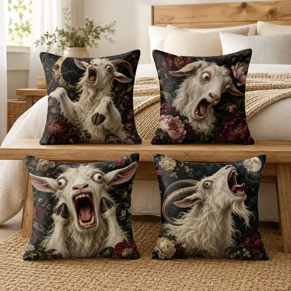 Spooky Goat Face Cushion Cover Soft Short Plush Pillow Cases Hidden Zipper Cutecore Sofa Bedroom Home Decor Gift