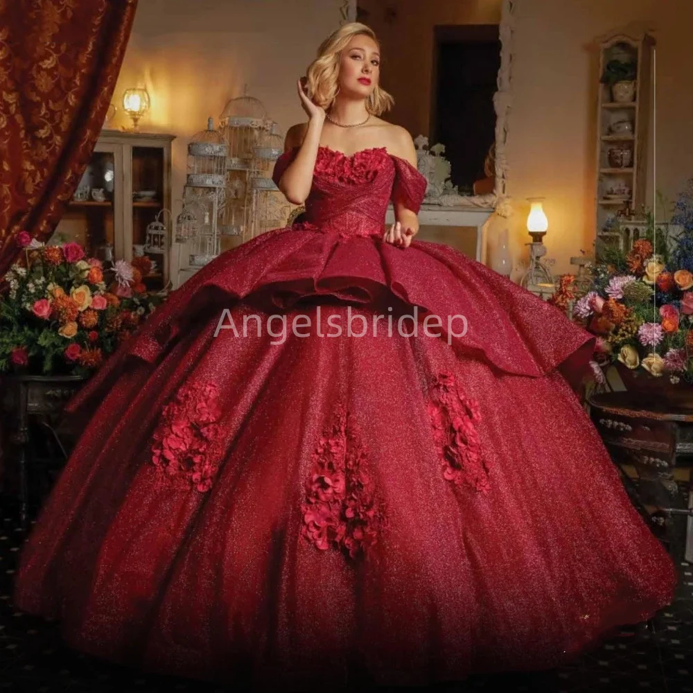 

Angelsbride Burgundy Ball Gown Quinceanera Dresses Birthday Party Dress Shiny Tulle Tiered Graduation Vestidos De 15 Anos