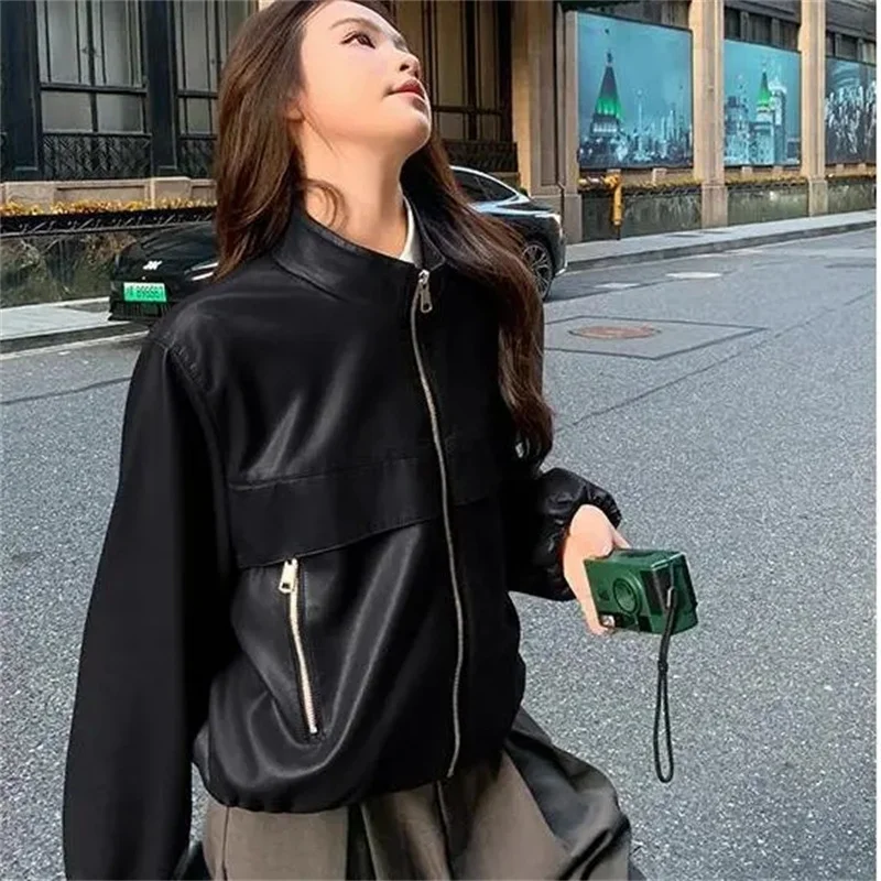 Herfst 20256 Damesjas Casual Opstaande Kraag Lange Sve Kunstleer Jaet Veelzijdige Bovenkleding Ele Ladylike Sle