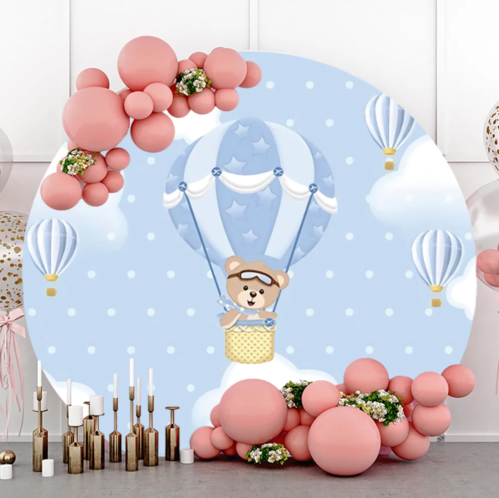 Yeele Newborn Birthday Party Bear Flowers Hot Air Balloon Round Elasticity Backdrop Baby Shower Circle Photography Background