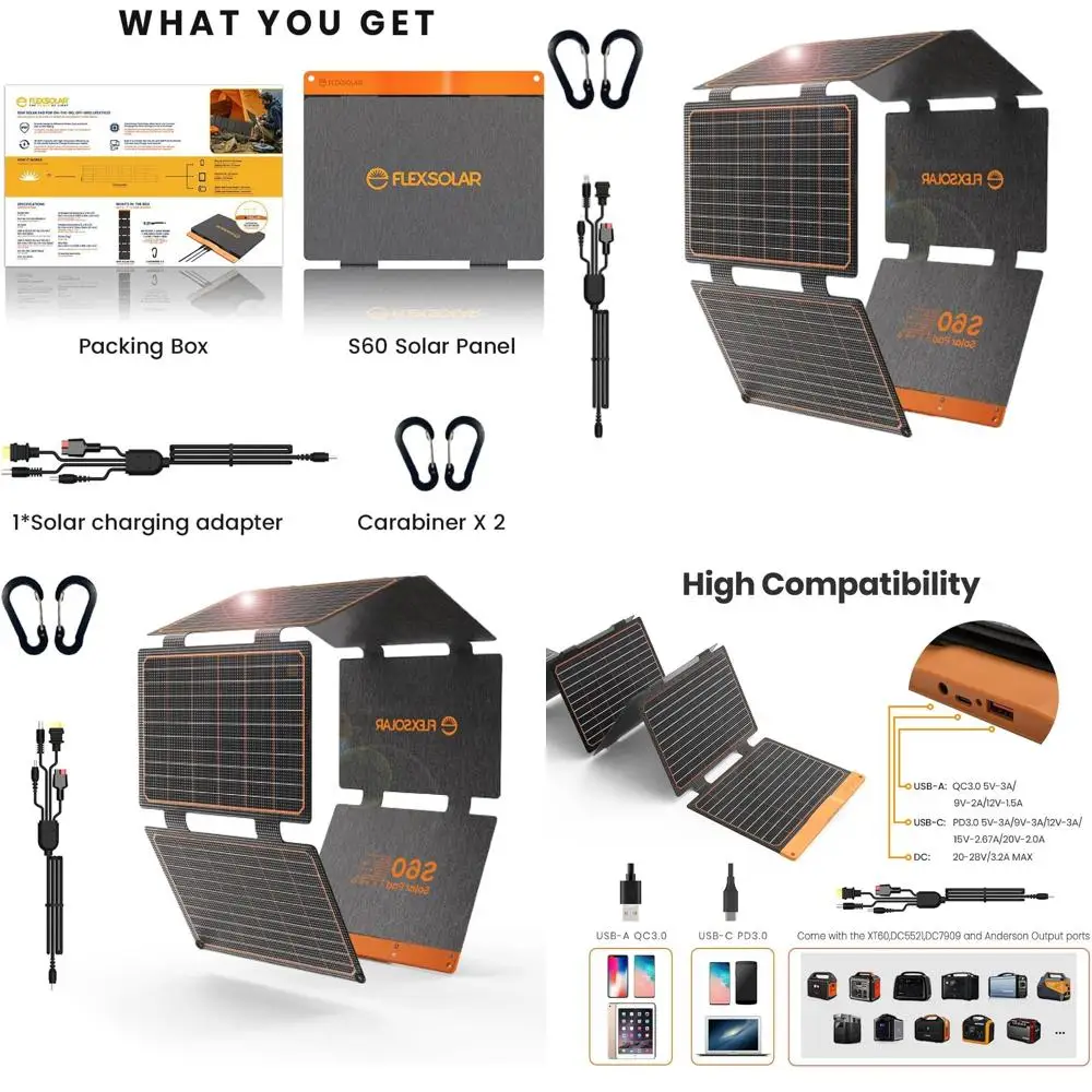 

60W Portable Solar Panels with PD3.0 USB-C, QC3.0 USB-A, and DC Outputs - Waterproof for Outdoor Power Needs