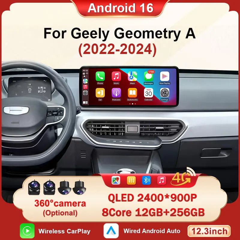 GPS Navigation Radio WIFI For Geely Geometry A 2022 2023 2024 Car Android 16 Multimedia BT Player Wireless Carplay Android Auto