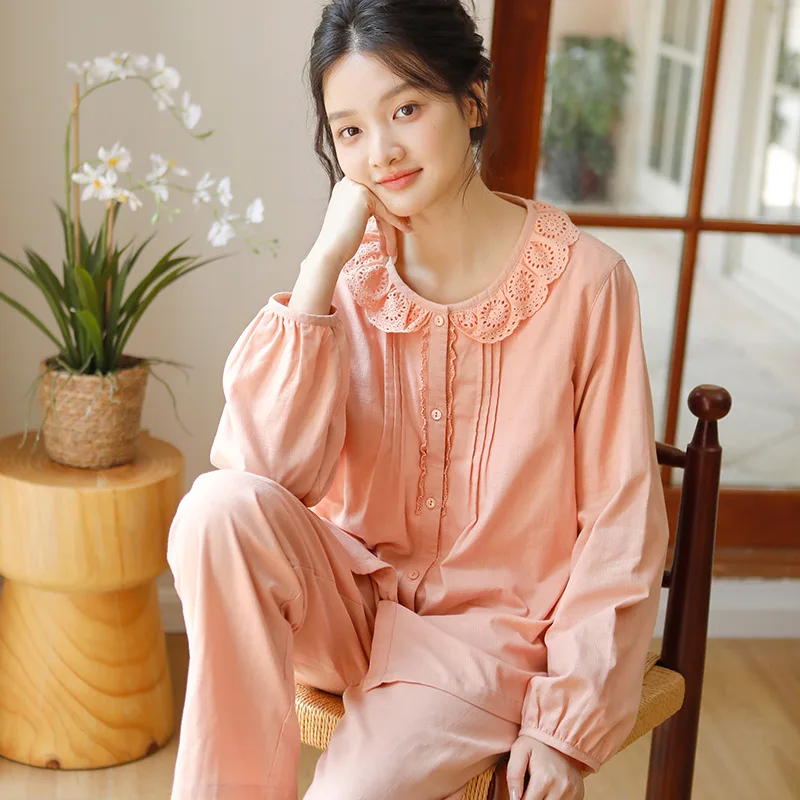 

Весенне-осенняя одежда для сна из чистого хлопка и марли для женщин. Милая и милая кружевная тонкая верхняя одежда с длинными рукавами. Комплект домашней одежды.