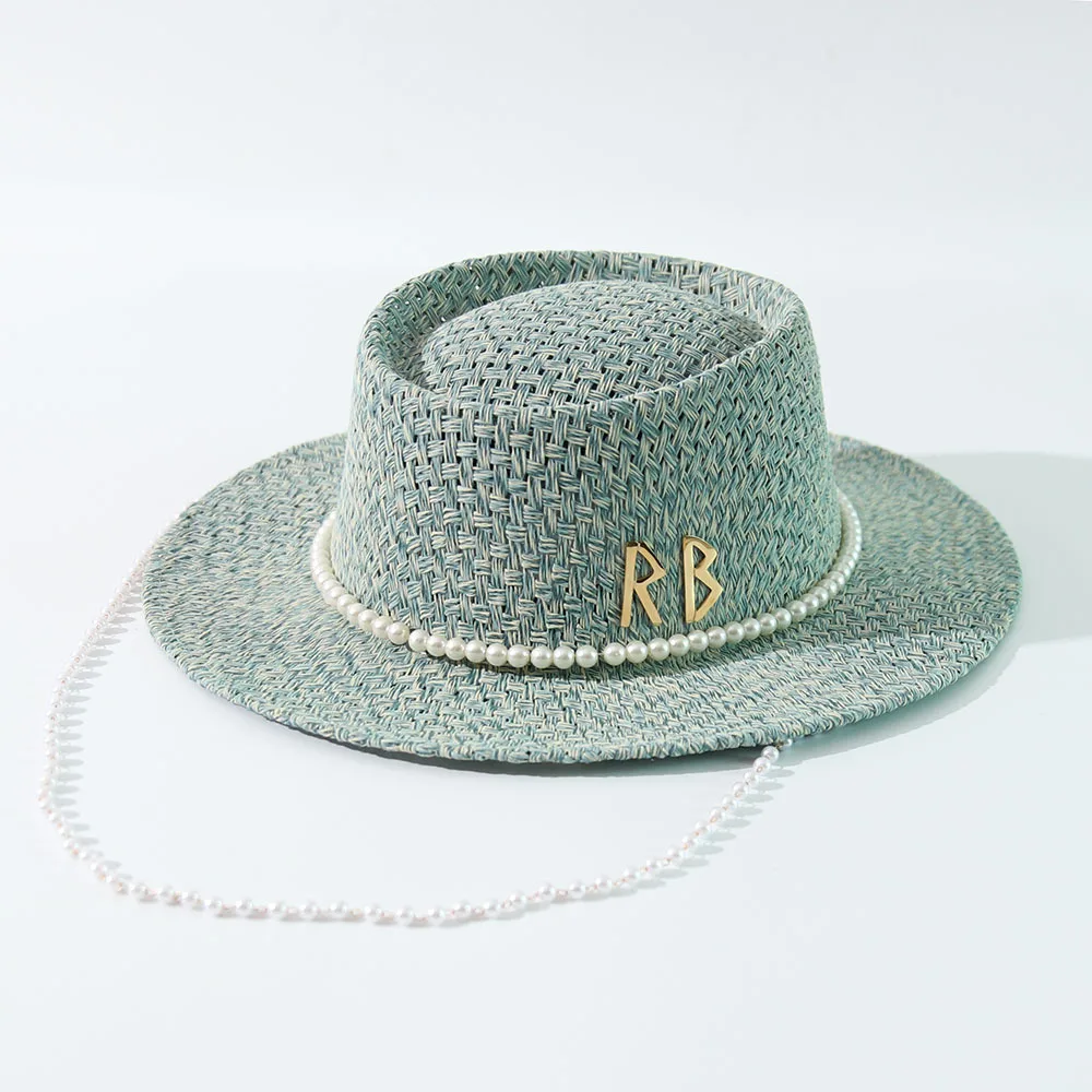 European American Fashion Women Straw Hat Letter Print Pearl Chain Decor UV Sun Hat Summer Beach Cap