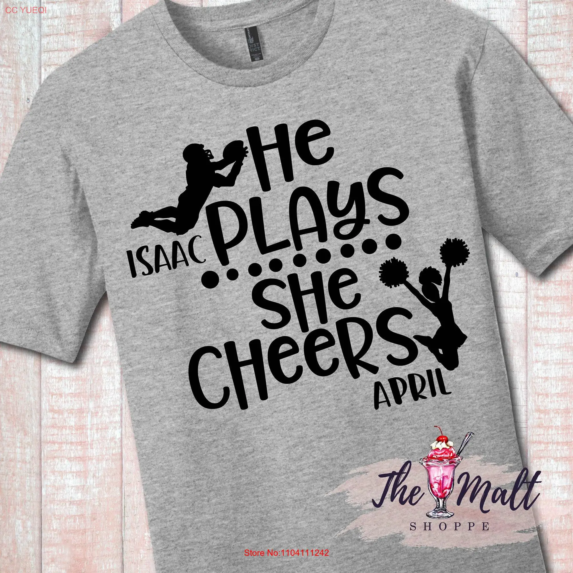 MALT SHOPPE CUSTOM He Plays She Cheers Personalized T Shirt long or short sleeves