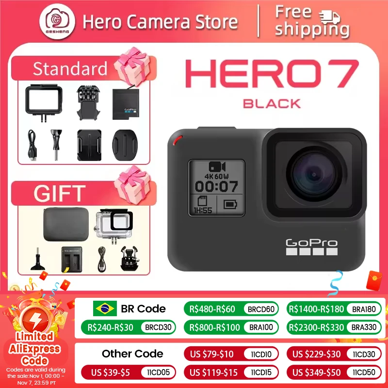 GoPro hero 7 black 4k60 frame Action camera 12MP Go Pro real-time streaming media outdoor anti shake HD helmet digital cameras