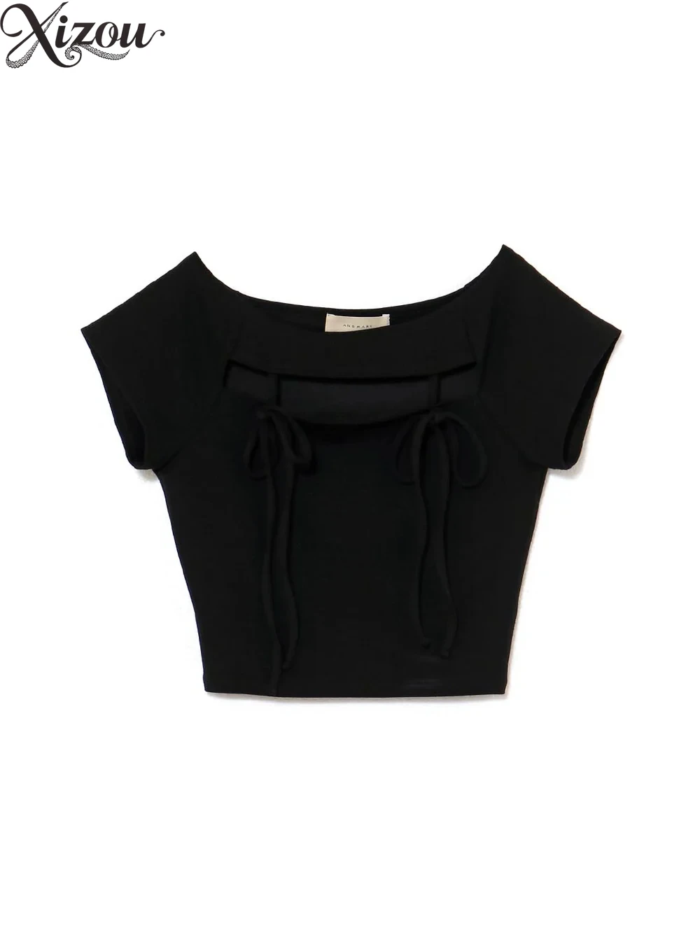 Damska koszulka z krótkim rękawem w stylu japońskim na lato 2025, nowy model z okrągłym dekoltem, słodka, dopasowana i cienka, z ażurowym sznurowaniem.