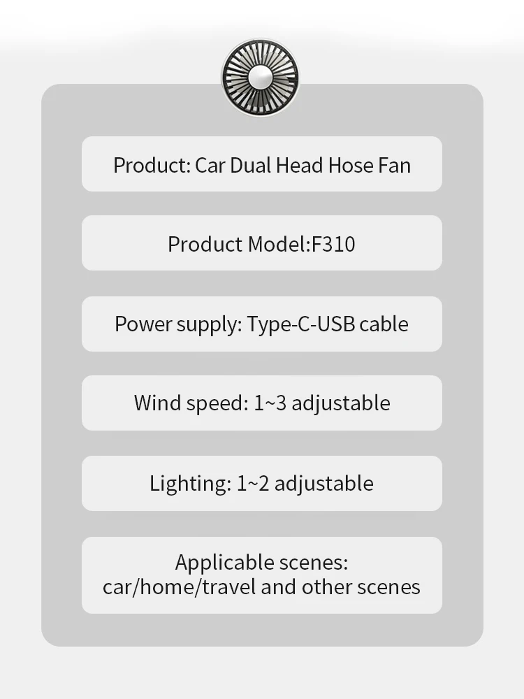 Dual Head Car Clip Fan com luz LED, 360 graus rotativo, Cooler Fan, baixo ruído, ventiladores, aparelhos elétricos do carro