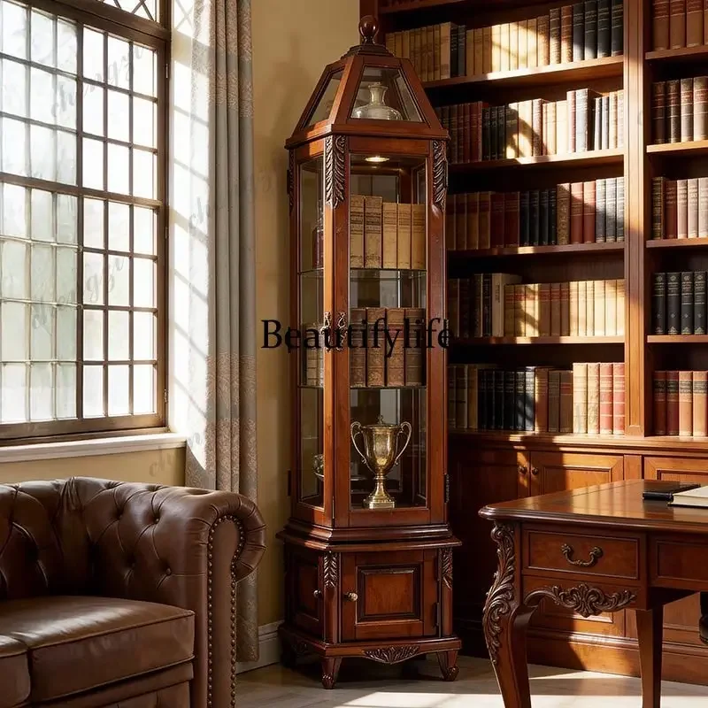 Y136 American solid wood wine cabinet living room 360 ° rotation with lamp floor display glass cabinet retro storage locker