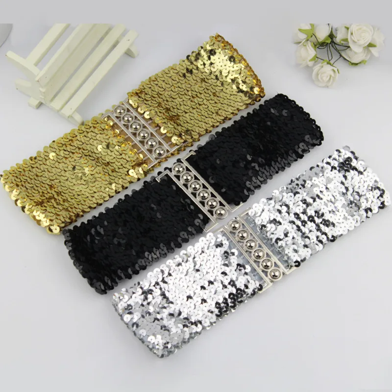 Gold Silver Color Belt Cool Punk Sparkling Sequins Elastic Stretch Wide Waistband Women Dress Waist Belt Jewelry Accessories