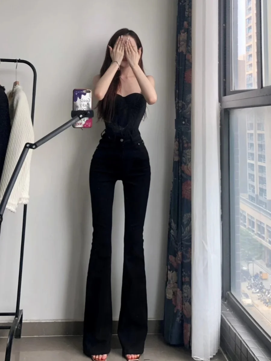 

High Waist Flared Jeans Supermodel Pants Bla Long Leg Lengthening Slimming Bootcut Trousers for Petite Women Cotton Stretch...