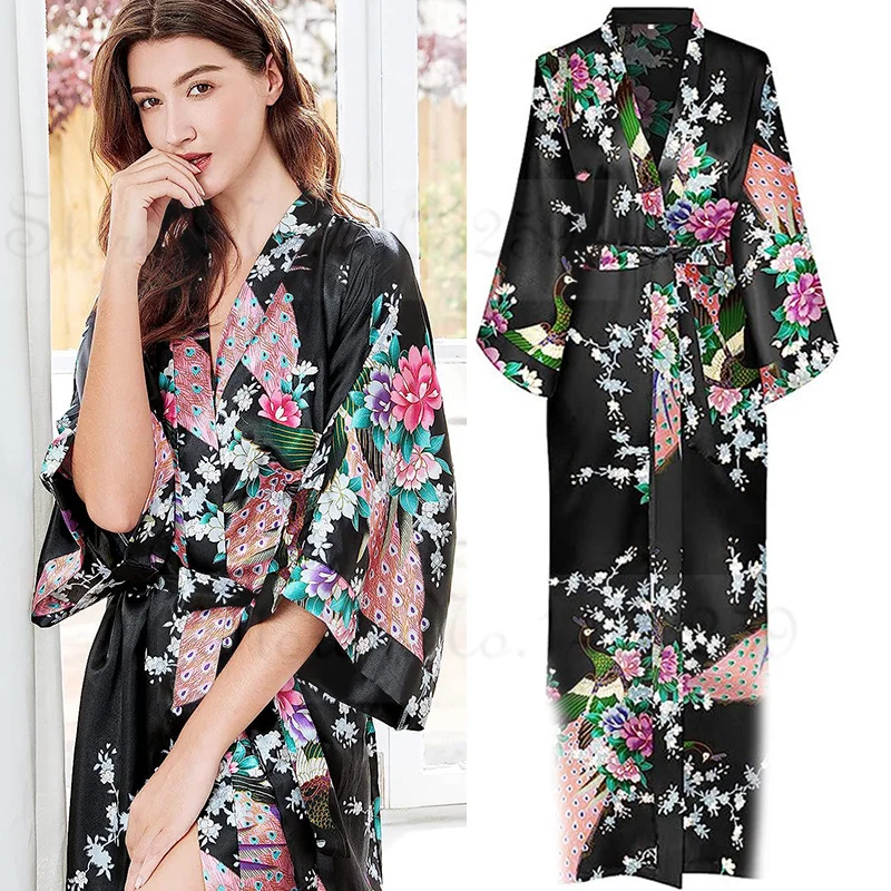 Large Size 3XL Flower Kimono Bathrobe Gown Women Long Robe Nightgown Print Peacock Satin Sleepwear Home Dress Loose Loungewear