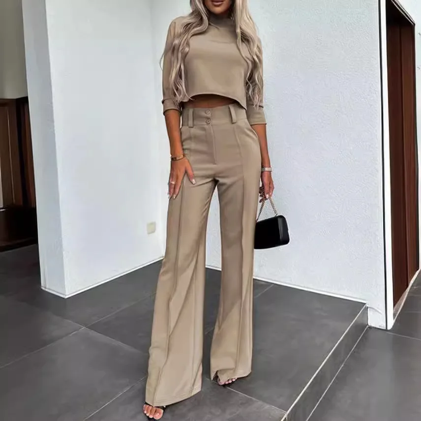 Women Business Blazer Pant Sets 2 Pieces Sale Casual O-Neck Short Sleeve Cropped Tops&High Waist Pocket Flare Trousers Suits