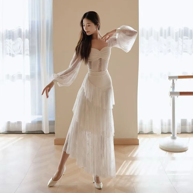 

Сексуальное кружевное платье для бальных танцев с пышными рукавами, асимметричной юбкой с оборками, для выступлений и тренировок по вальсу и танго, для взрослых