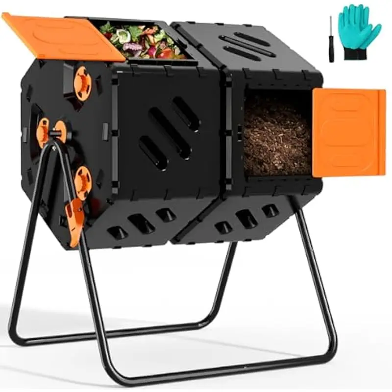 45-gallon dual-batch outdoor compost tumbler with cylindrical PP body, orange finish, 360-degree rotation, adjustable airflow ve