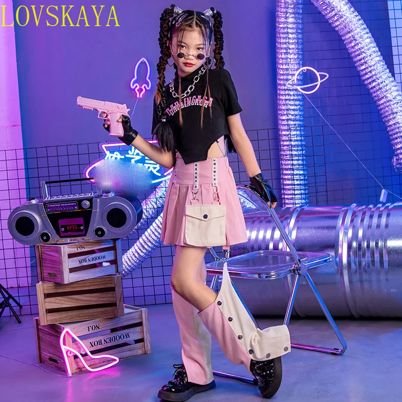 2024 New Girl Jazz Modern Dance Children's Wear Black Open Navel Top Pink Pants Set Fashion Hip Hop Dance Mad Dress