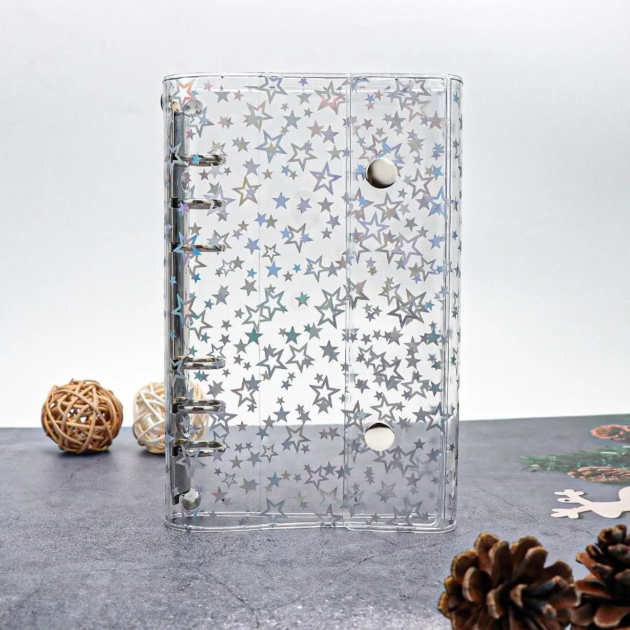 A6 Budget Binder Cover Clear PVC 6 Ring Binder Glitter  Refillable Notebook Shell Protector with 2 Sps for Cash Envelopes Syste