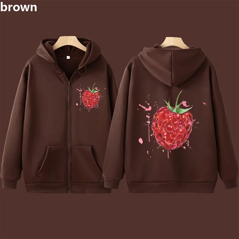 Autumn Winter Y2k Aesthetic E-Girl Hoodies Vintage Fruit Printed Zipper Jacket Cute Graphic Women Sweatshirt Cardigan Harajuku