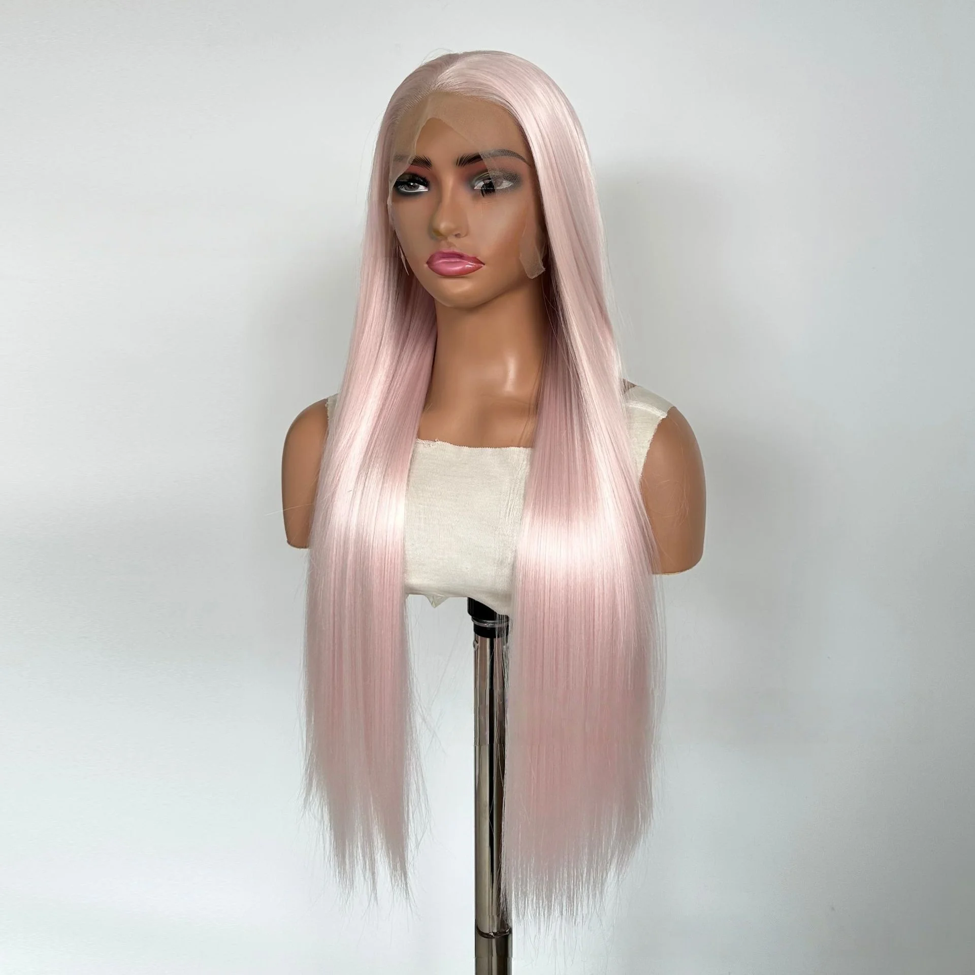 여성용 연분홍색 가발 13x4 레이스 프론트 가발 26인치 롱 스트레이트 가발 코스프레 로리타용 고온 섬유 합성 가발