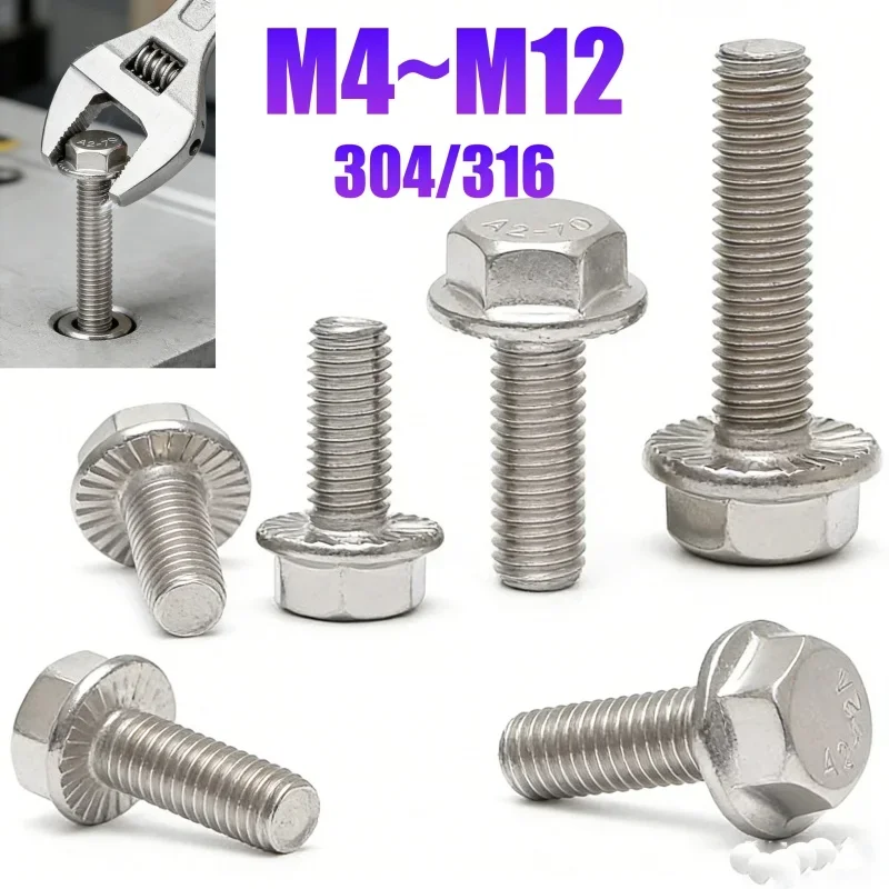 304/316 Stainless Steel Flange Hexagon Screws M4 M5 M6 M8-m12 Metric Thread Gb5787 Hexagon With Serrated Flange Cap Screw