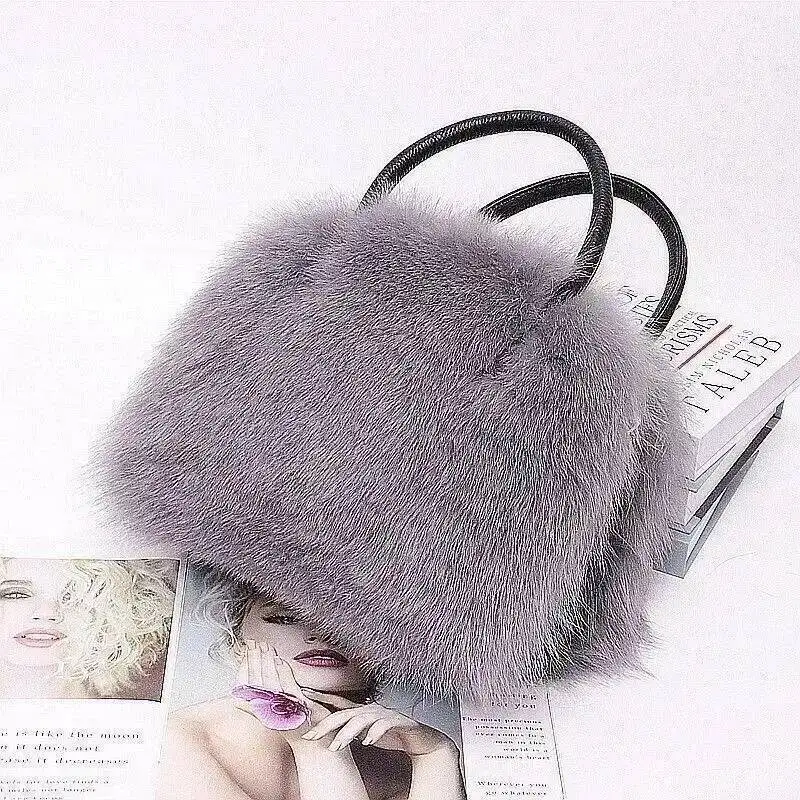 Winter Women Fox Fur Handbags Genuine Cowhide Hard Handle Handbag Full-pelt Red Fur Shoulder Luxury Evening Fashion Bags Tote